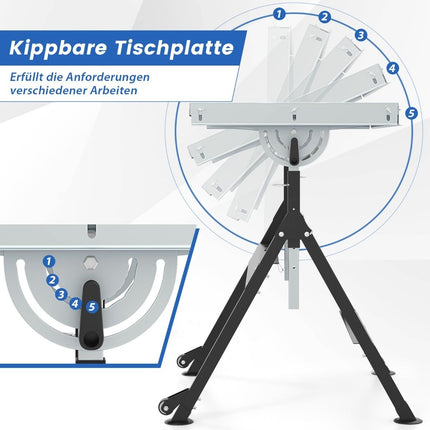 Foldable mobile welding table with 4 adjustable heights and angle details work table