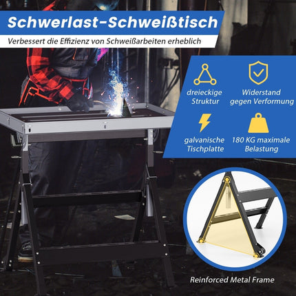 Foldable mobile welding table with 4 adjustable heights and angle details work table