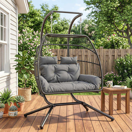 Foldable rattan hanging chair with cushion, dark grey, 260 kg