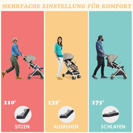 Faltbarer Kinderwagen Reisebuggy mit verstellbarer Rückenlehne &amp; Verdeck Kinderwagen mit Getränkehalter Grau