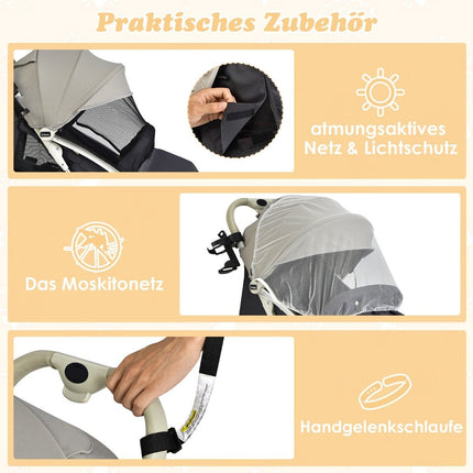 Faltbarer Kinderwagen Reisebuggy mit verstellbarer Rückenlehne &amp; Verdeck Kinderwagen mit Getränkehalter Grau