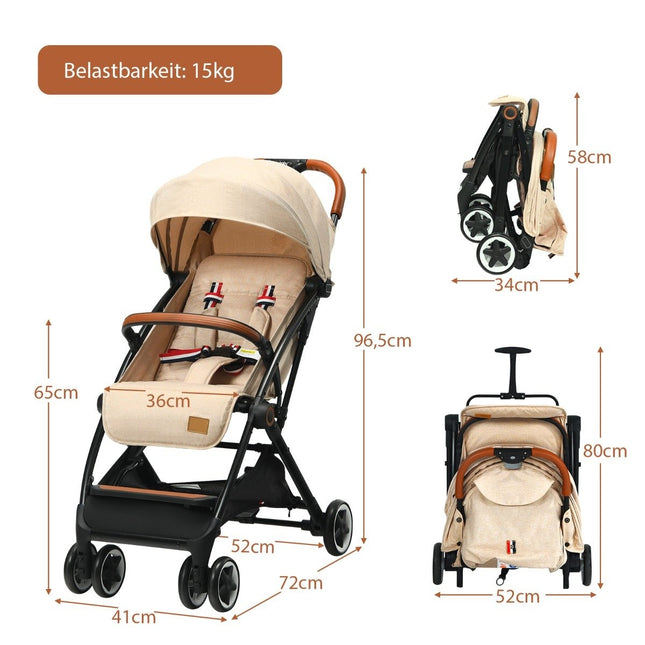 Faltbarer Kinderwagen mit verstellbarer Rückenlehne &amp; Fußstütze &amp; Verdeck Beige