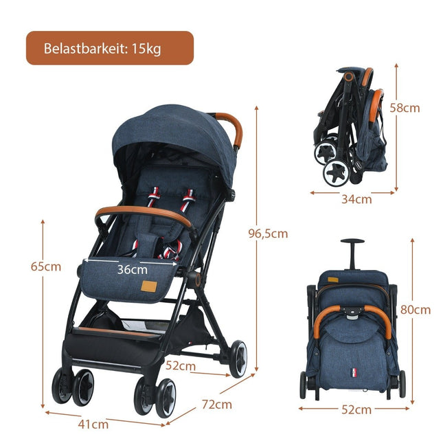 Faltbarer Kinderwagen mit verstellbarer Rückenlehne &amp; Fußstütze &amp; Verdeck blau