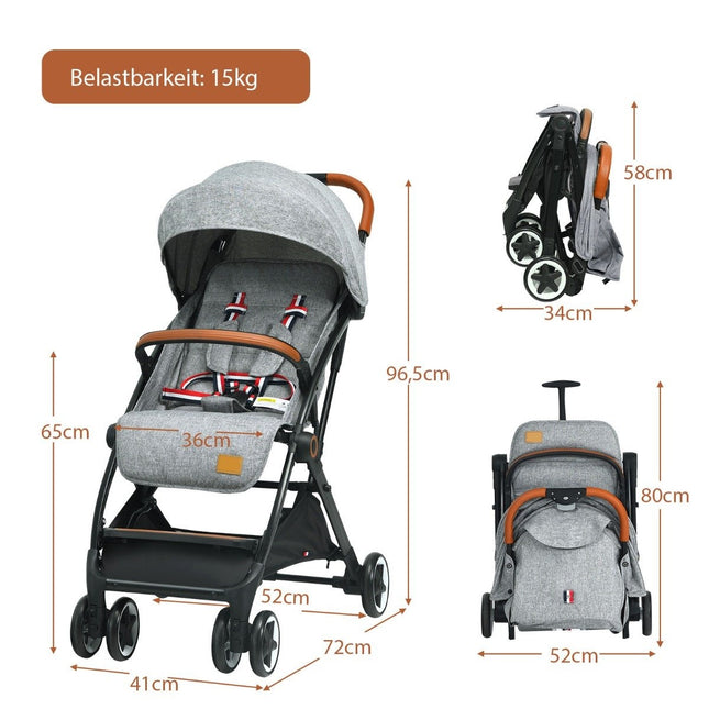 Faltbarer Kinderwagen mit verstellbarer Rückenlehne &amp; Fußstütze &amp; Verdeck grau