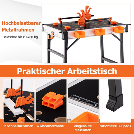 Klappbarer Werktisch Werkbank mit 2 Schnellspannern, 3 Werkzeugkisten und Metallgestell