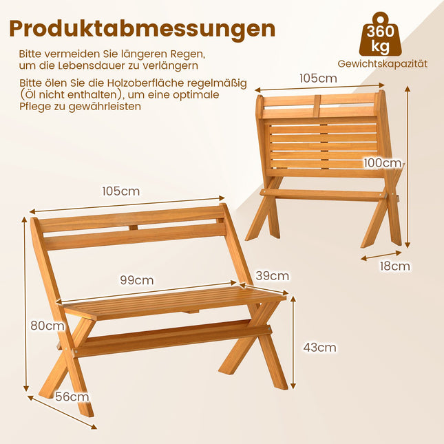 Klappbare Akazienholzbank, 2-Sitzer, 360 kg Tragkraft