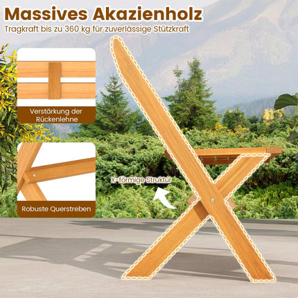 Klappbare Akazienholzbank, 2-Sitzer, 360 kg Tragkraft