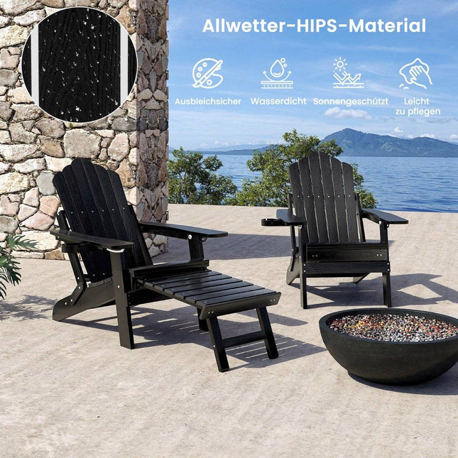 Klappbarer Adirondack-Stuhl mit Fußstütze und verstellbarer Rückenlehne, Gartenstuhl mit Getränkehalter, Schwarz