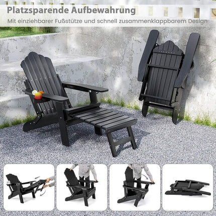 Skládací křeslo Adirondack s podnožkou a nastavitelným opěradlem, zahradní křeslo s držákem nápojů, černá