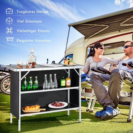 Folding Aluminum Camping Table with 2-Tier Shelves, Black
