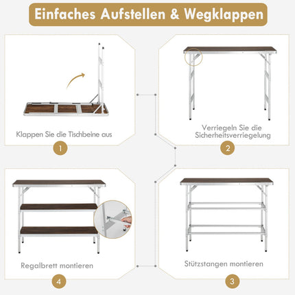 Klappbarer Camping-Aluminiumtisch mit 2-stöckigem Regal