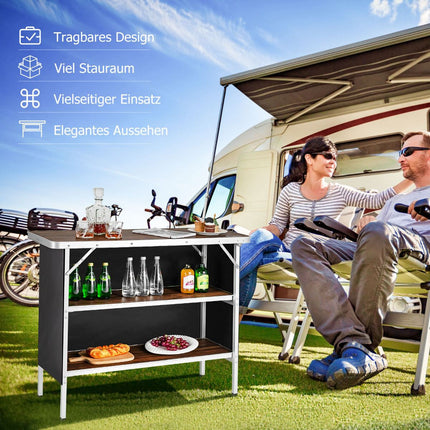 Klappbarer Camping-Aluminiumtisch mit 2-stöckigem Regal