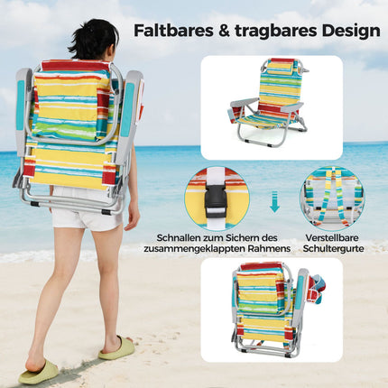 Folding Beach Chair Set, Adjustable Backrest, Blue Stripes