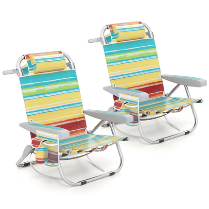 Folding Beach Chair Set, Adjustable Backrest, Blue Stripes