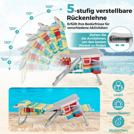 Folding Beach Chair Set, Adjustable Backrest, Blue Stripes