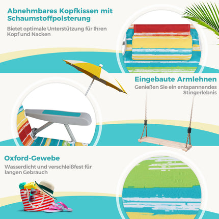 Folding Beach Chair Set, Adjustable Backrest, Blue Stripes