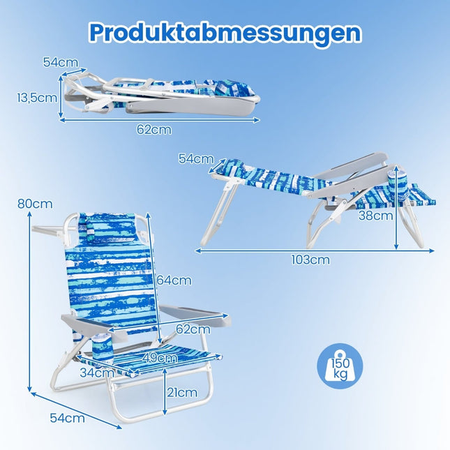 Strandklappstühle 2er-Set, verstellbare Rückenlehne, Blau