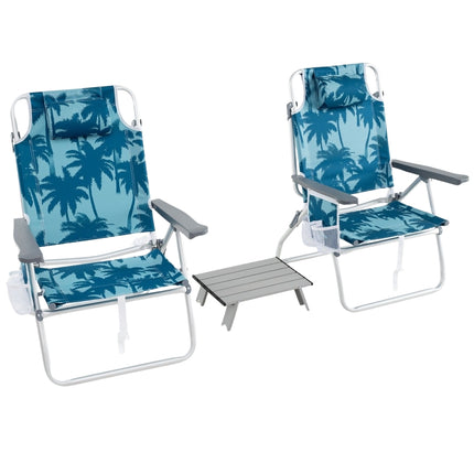Folding Beach Chairs with Table, Adjustable Backrest, Blue
