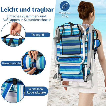 Klappbarer Strandstuhl mit verstellbarer Rückenlehne und Kühlfach