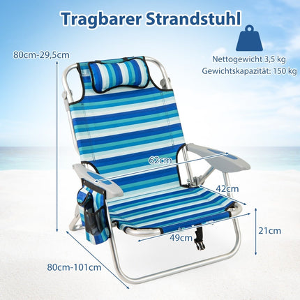 Klappbarer Strandstuhl mit verstellbarer Rückenlehne und Kühlfach