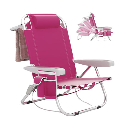 Folding Beach Chair with Adjustable Backrest & Pockets