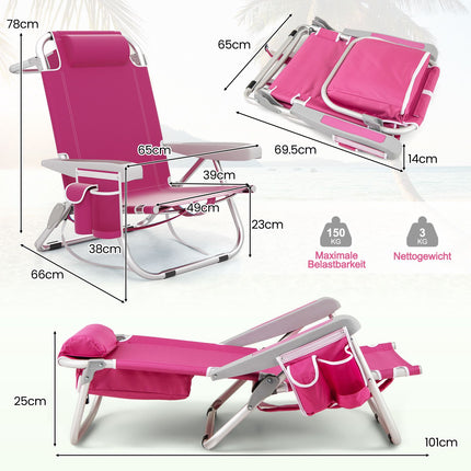Folding Beach Chair with Adjustable Backrest & Pockets