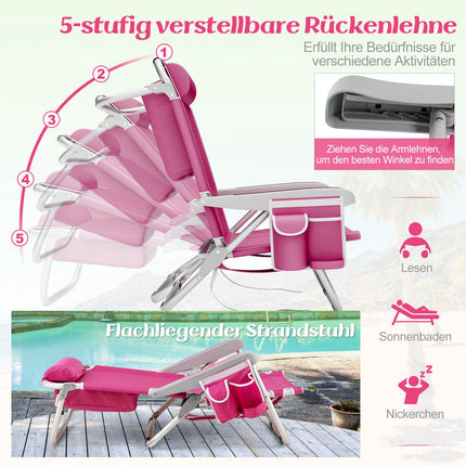 Folding Beach Chair with Adjustable Backrest & Pockets