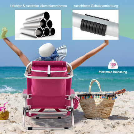 Folding Beach Chair with Adjustable Backrest & Pockets