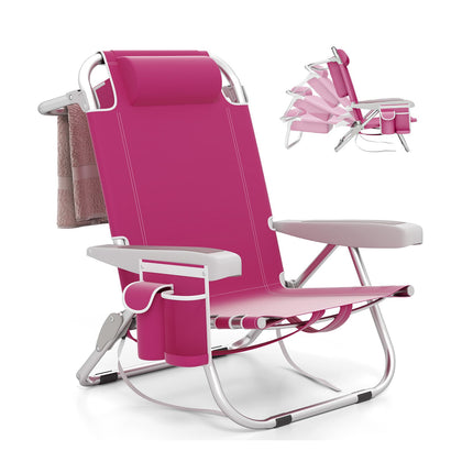 Folding Beach Chair with Adjustable Backrest & Pockets