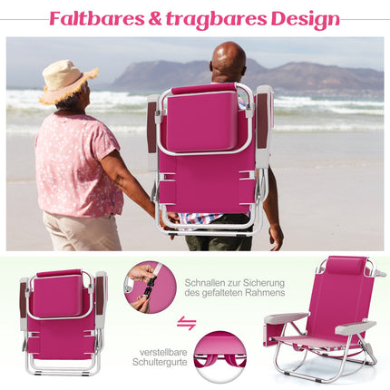 Folding Beach Chair with Adjustable Backrest & Pockets