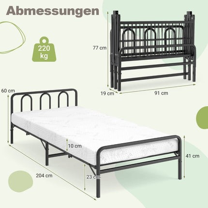 Folding Bed Frame with Mattress, Black, 200 x 90 cm