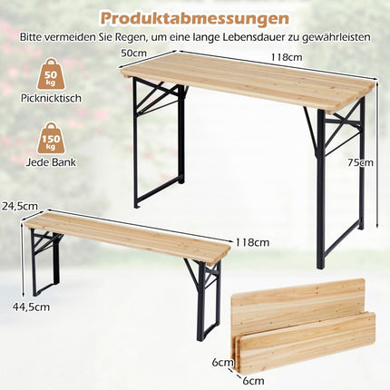 Klappbare Biergartengarnitur mit Tisch und 2 Bänken, 118 cm