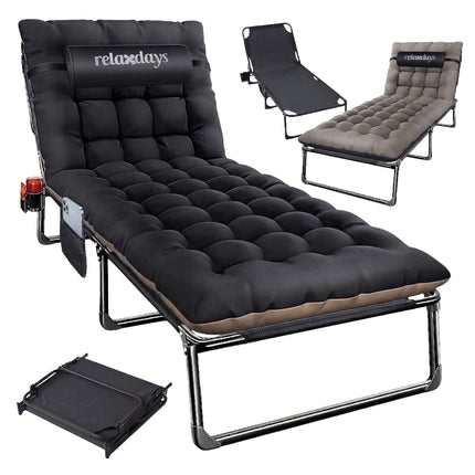 Folding Camping Bed 250 kg with Mattress and Pillow, Side Pocket, Black