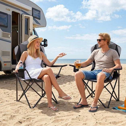 Folding Camping Chair, Black, High Backrest, Cup Holder