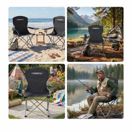 Folding Camping Chair Set of 2 with Cup Holder, Black, Max Load 150 kg