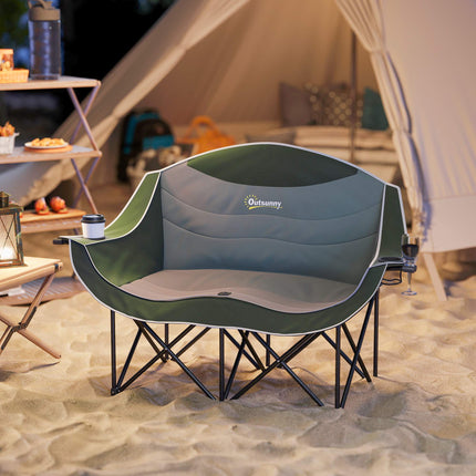 Klappbarer Campingstuhl mit zwei gepolsterten Sitzen und Getränkehaltern
