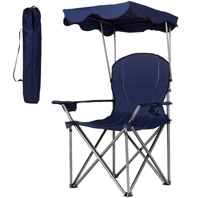 Klappbarer Campingstuhl mit Sonnenschutz, Getränkehaltern, Blau