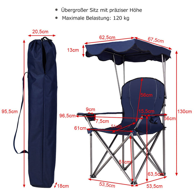 Klappbarer Campingstuhl mit Sonnenschutz, Getränkehaltern, Blau