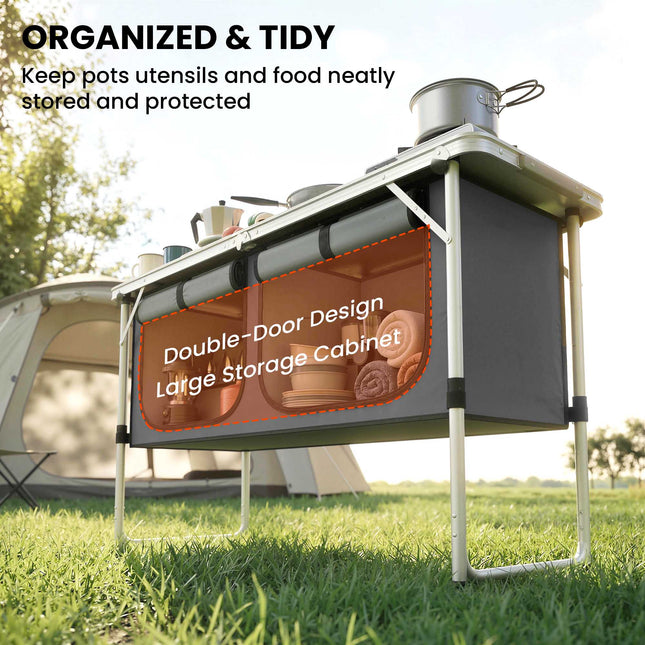 Opvouwbare campingkeuken met aluminium frame en opbergruimte