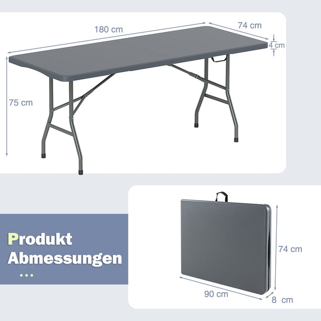 Klappbarer Campingtisch, 180x74cm, HDPE-Platte, Metallbeine