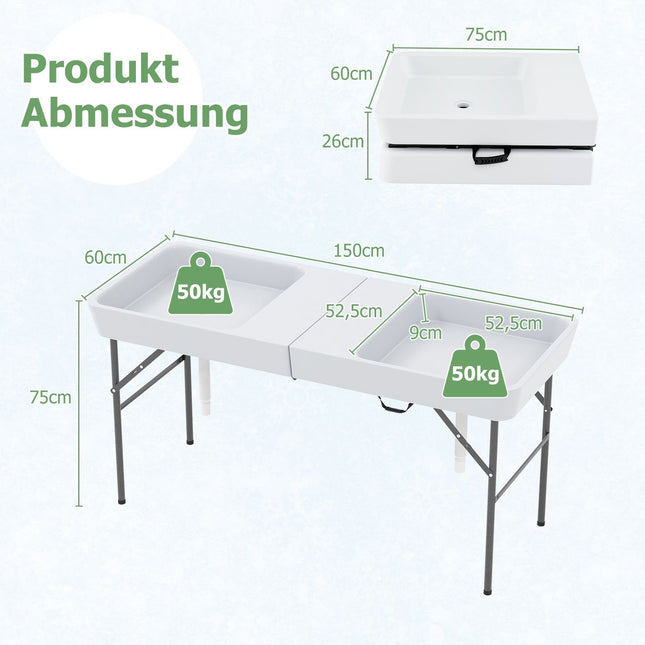 Opvouwbare kampeertafel met dubbele bak en afvoerslang