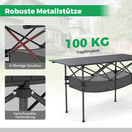 Klappbarer Campingtisch mit aufrollbarer Aluminiumplatte, Schwarz