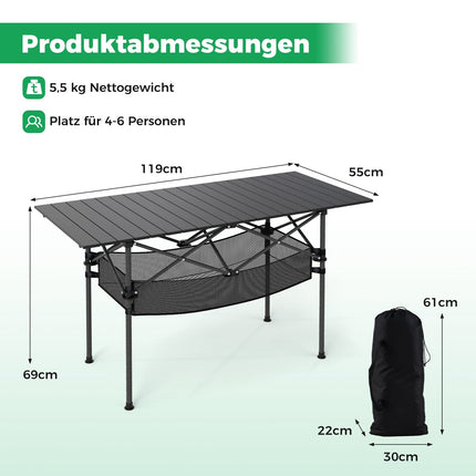 Klappbarer Campingtisch mit aufrollbarer Aluminiumplatte, Schwarz
