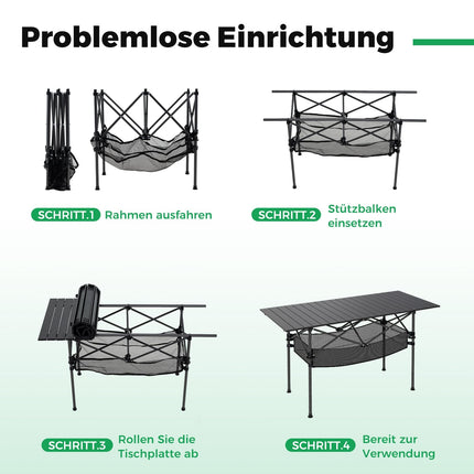 Klappbarer Campingtisch mit aufrollbarer Aluminiumplatte, Schwarz