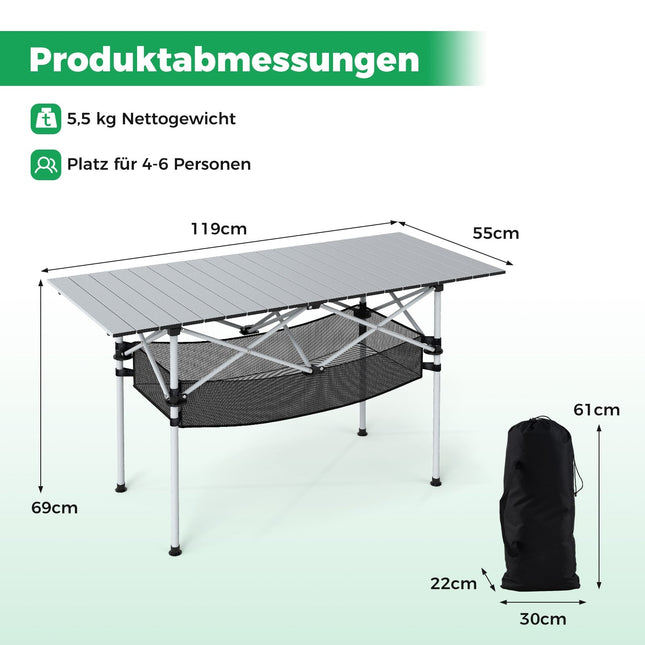 Faltbarer Campingtisch mit Rolltop-Aluminiumplatte, Silber