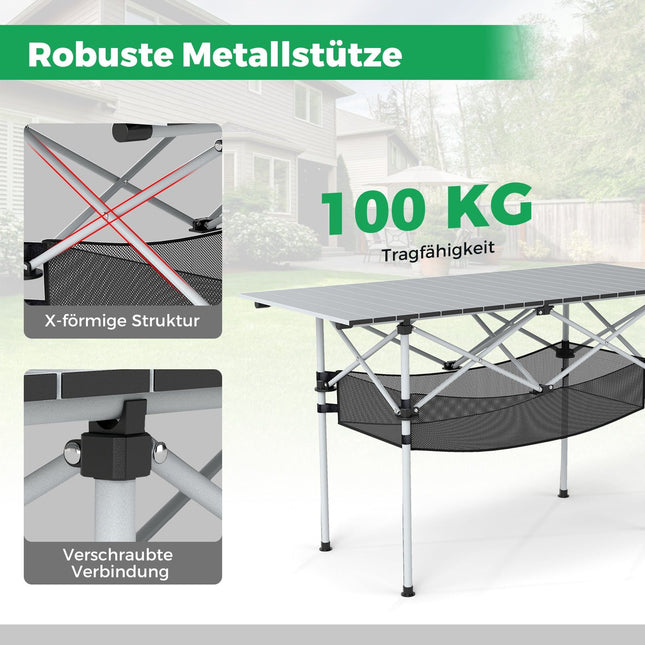 Faltbarer Campingtisch mit Rolltop-Aluminiumplatte, Silber