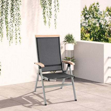 Klappbarer Gartenstuhl aus Aluminium, schwarz-silbern, Rückenlehne aus Netzgewebe