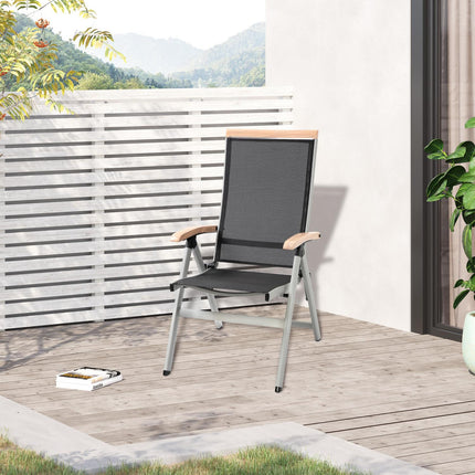 Klappbarer Gartenstuhl aus Aluminium, schwarz-silbern, Rückenlehne aus Netzgewebe