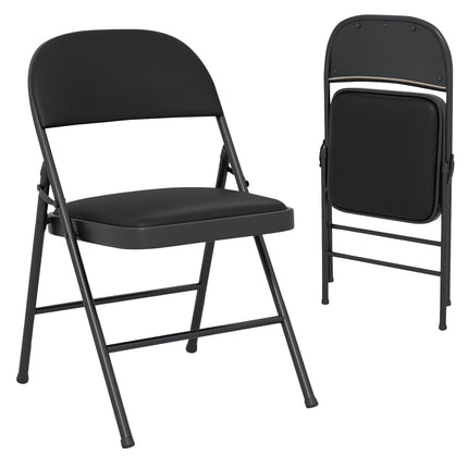 Folding Chairs, Padded PVC Leather, Metal Frame, 2-Pack, Black