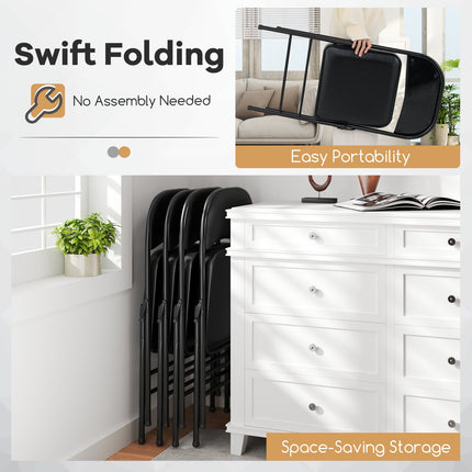 Folding Chairs, Padded PVC Leather, Metal Frame, 2-Pack, Black